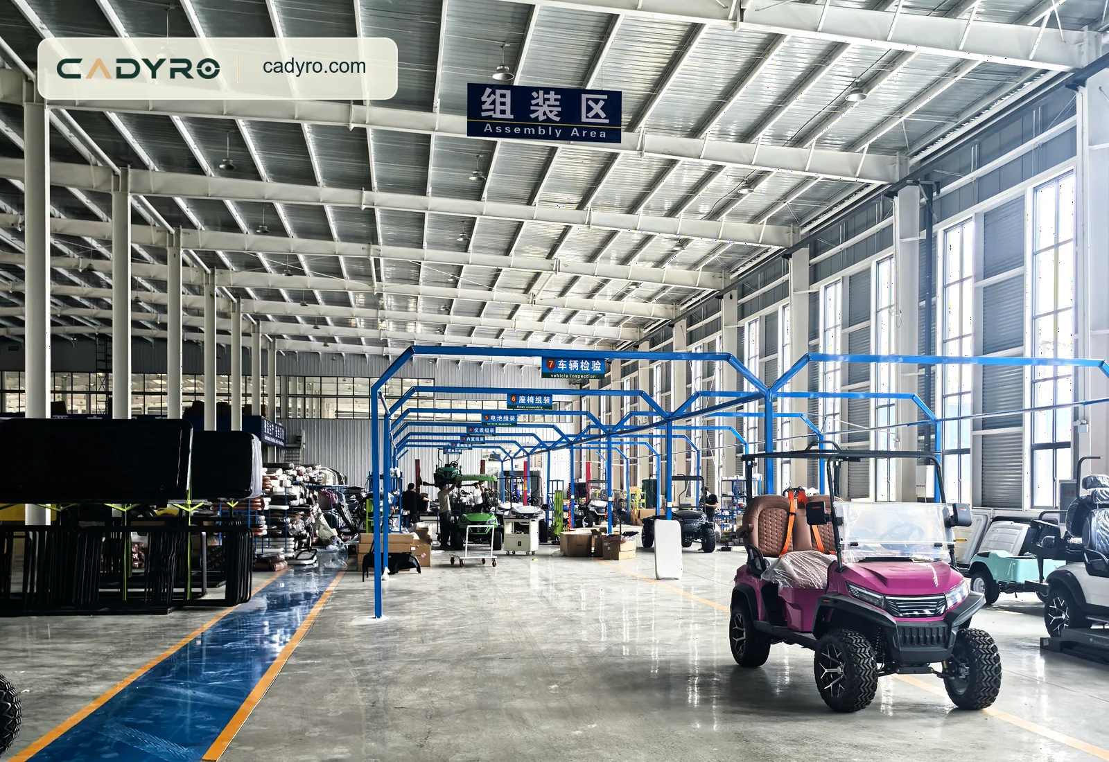 Cadyro Golf Cart assembly workshop preparing electric golf carts for a Canadian customer